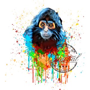 Könnte beinhalten: Ein farbenfrohes abstraktes Gemälde eines Affen mit blauem Fell und rotem Körper. Der Affe ist umgeben von bunten Farbspritzern und -tropfen. Die Worte "Original" sind in einem Kreis um ein Sternendesign gedruckt.