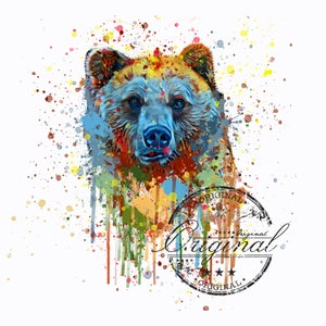 Peut inclure: Une peinture aquarelle colorée d'un visage d'ours avec des éclaboussures de peinture en arrière-plan. Le mot "Original" est estampillé dans un cercle sous l'ours.