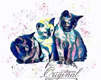 Gatos em aquarela PNG: Design de sublimação (download digital)