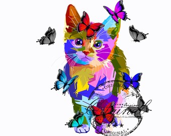 Gato em aquarela PNG: Design de sublimação de gatinho borboleta (download digital)