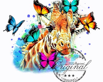 Giraffe Butterfly Watercolor Sublimation Design (Digital Download)