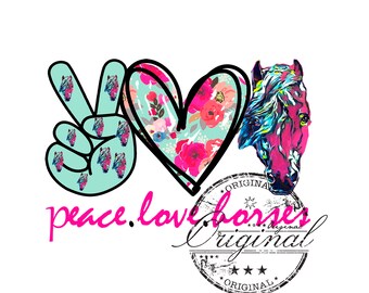 Diseño de sublimación de acuarela "Paz, Amor, Caballo" (Descarga digital)