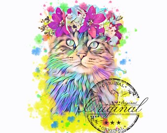 Gato em aquarela PNG: Coroa floral, Design de sublimação (download digital)
