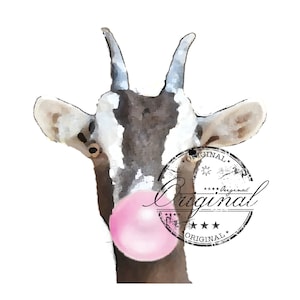 May include: A watercolor painting of a goat with a pink bubble blowing out of its mouth. The goat is looking over its shoulder at the viewer. The image has a vintage, distressed stamp that says "Original" in the lower right corner.