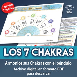 Könnte beinhalten: Eine farbenfrohe Illustration der sieben Chakren, mit ihren entsprechenden Farben und Sanskrit-Symbolen. Die Chakren sind in einem Kreis angeordnet, wobei sich das Wurzelchakra unten und das Kronenchakra oben befindet. Der Text "Los 7 Chakras" ist in Spanisch oben im Bild geschrieben. Der Text "Armonice sus Chakras con el péndulo" ist in Spanisch unten im Bild geschrieben.