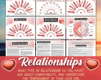 May include: A digital download for a 9-page PDF guide on relationships. The guide includes information on relationship types, compatibility, and the four temperaments. The cover features a pink and red heart design with the text "Relationships" in a large, bold font.