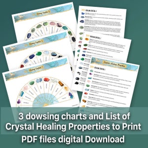May include: Three printable dowsing charts with a list of crystal healing properties. Each chart features a circular design with a variety of crystals arranged around the edge. The list includes the name of each crystal and its healing properties.
