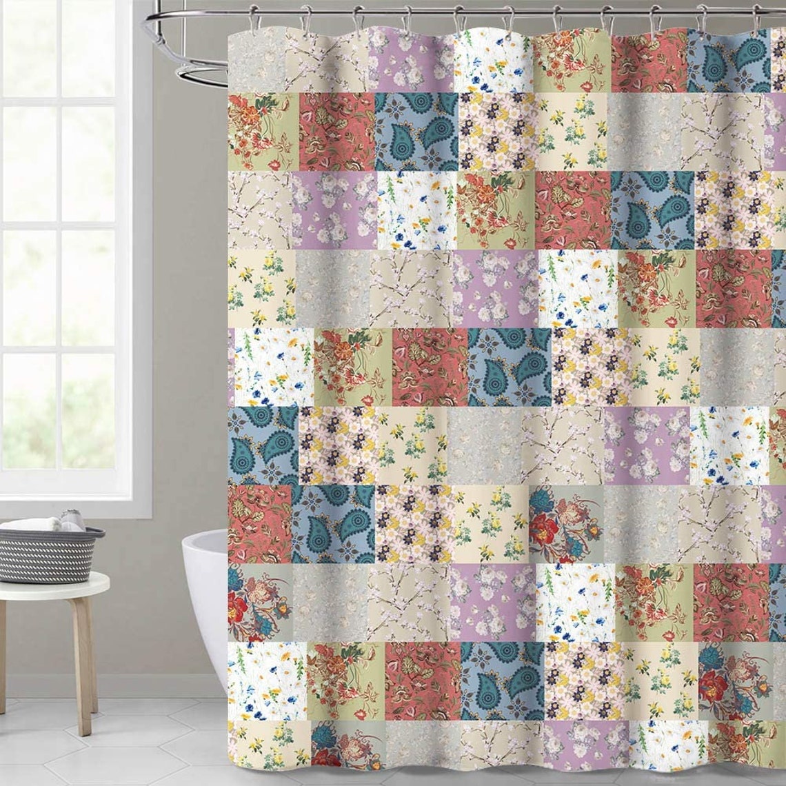 Colorful Shower Curtain Patchwork Design Various Flowers Print Etsy