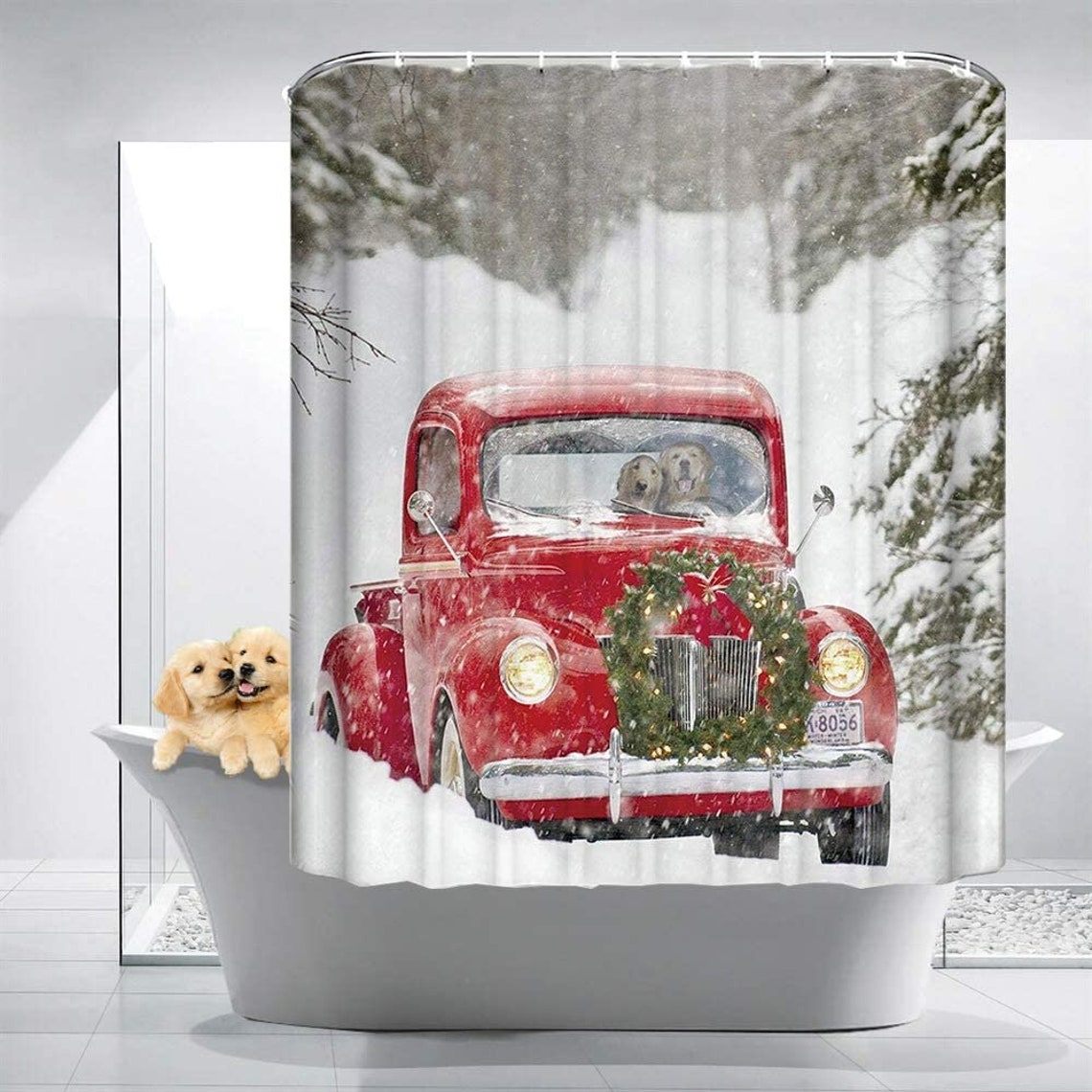 Christmas Shower Curtain Set for Bathroom Xmas Red Truck Dog Etsy