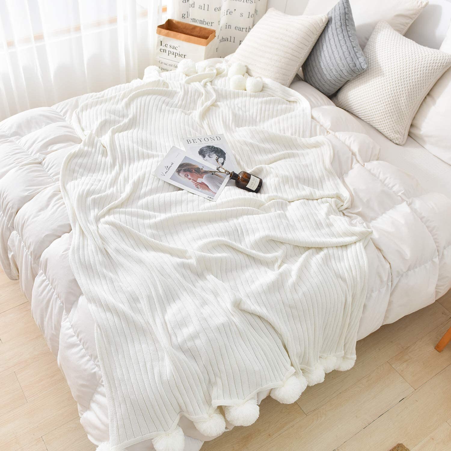 40 x 60 Inch White Pom Pom Throw Blanket Knit Blanket with Pom Etsy