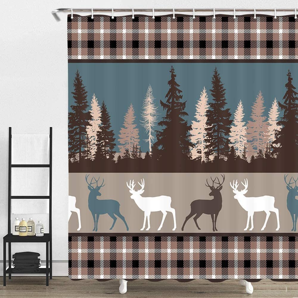 Deer Buffalo Plaid Shower Curtain Elk Deer in Pine Forest Etsy