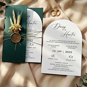 Arched Wedding Invitation with Green Envelope, Wax Seal, Dried Flowers