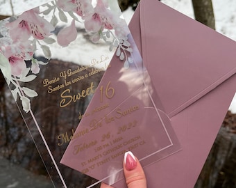 Elegant Gold Foil Acrylic Wedding Invitation, Clear Transparent Card for Quinceanera & Sweet 16 Events