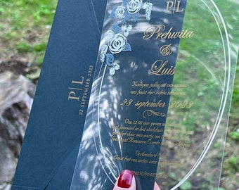 Personalized Acrylic Wedding Invitation: Clear Floral Design