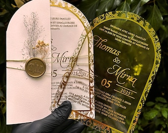 Gold Arched Acrylic Wedding Invitation: Clear Plexiglass, Custom Design