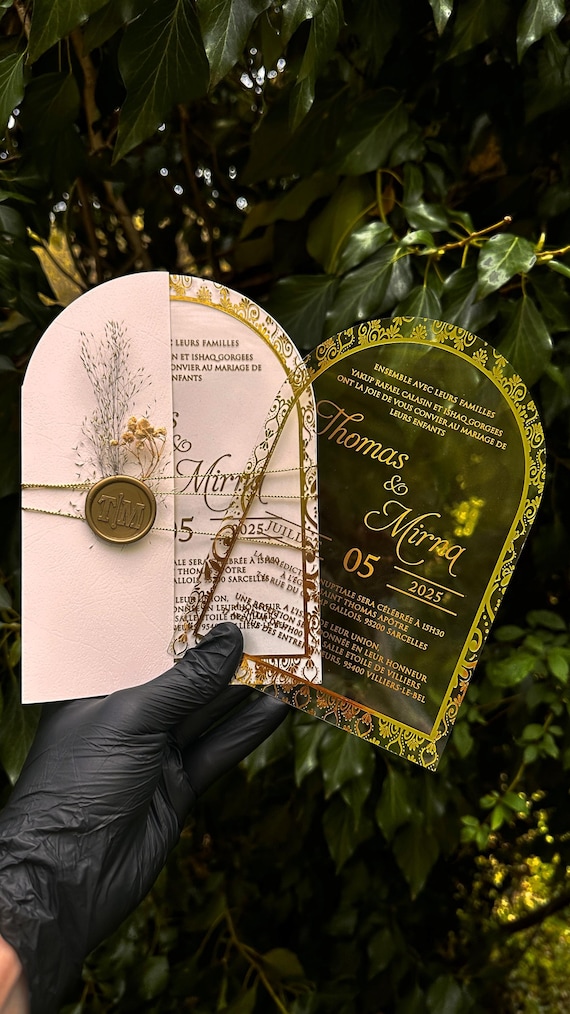 Gold Arched Acrylic Wedding Invitation: Clear Plexiglass, Custom Design