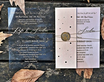 Clear Acrylic Wedding Invitation – Custom Transparent Card with Wax Seal & Calligraphy