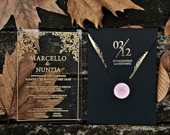 Clear Acrylic Wedding Invitation with Gold Foil and Black Envelope