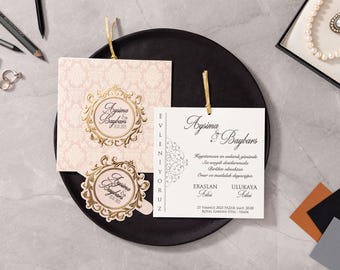Damask Gold Foil Wedding Invitation – Square Card with Tassel, Baroque Frame Monogram, Luxury Elegant