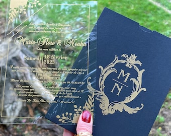 Clear Acrylic Wedding Invitation with Gold Foil Frame and Navy Envelope Monogram