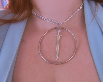 Silver Sword Circle hoop choker