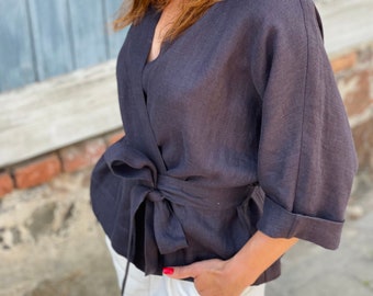 Linen blouse, graphite -dark gray Linen Kimono wrap blouse, Washed linen summer blouse, Loose fit top