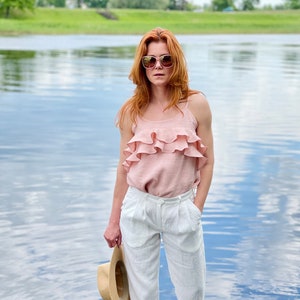 Linen blouse, Linen top in rose color, Linen ruffles strap top, Linen top with ruffles, Rose color