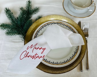Merry Christmas Napkin,  Linen Napkins with Elegant Embroidered 'Merry Christmas' - Timeless Festive Charm for Your Holiday Table