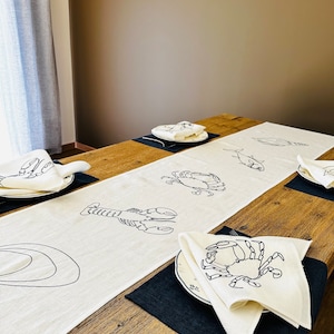 Linen table runner with sea animals embroidery, embroidered table runner, white linen runner sea animals embroidery