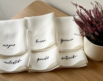 Linen napkins embroidered with Mīlestība, Laime, Ģimene, PRIEKS, MĀJA, SATICĪBA, Linen dinner napkins et of 6