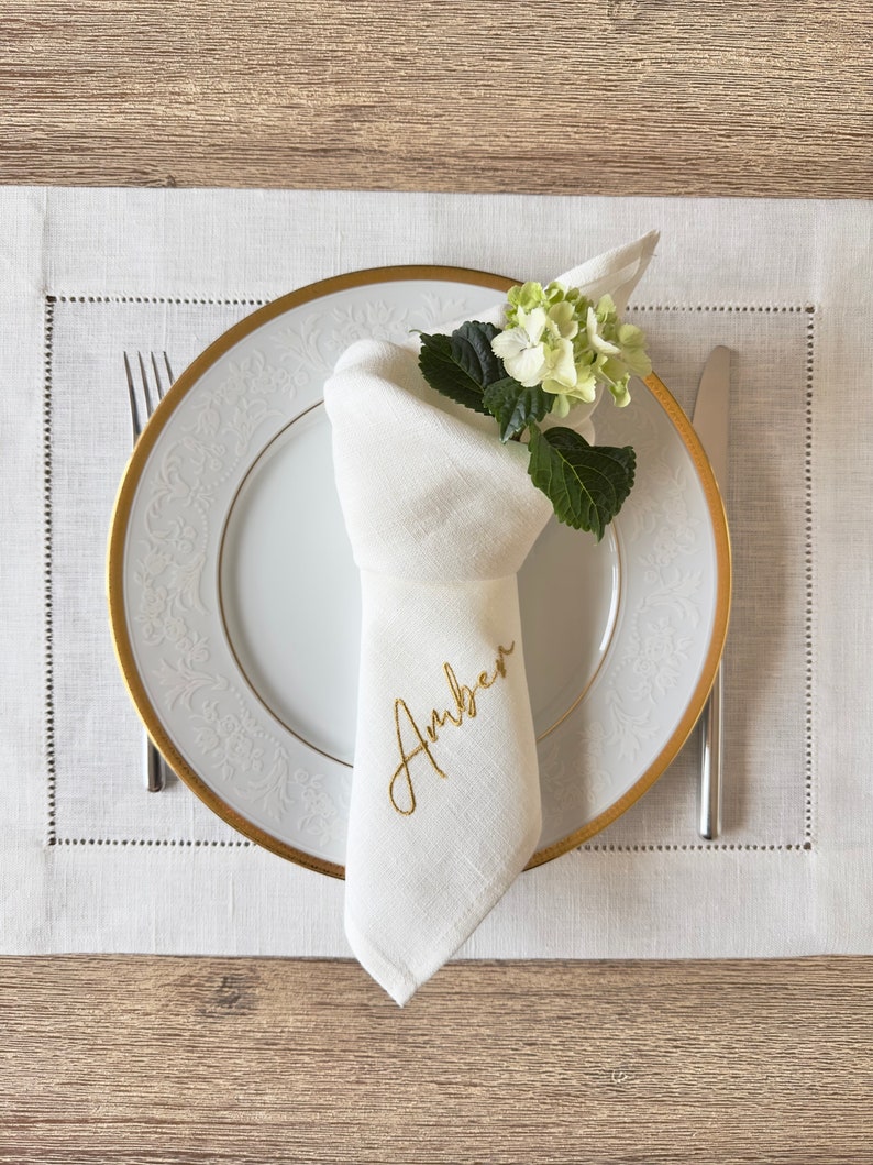 Personalized White Linen Napkins Embroidered With Custom Name Etsy UK