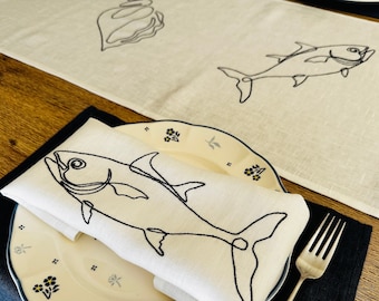 Linen dinner napkins with s fish, a lobser, a crab and a shell embroidery, embroidered linen napkins, a gift to a sea lover