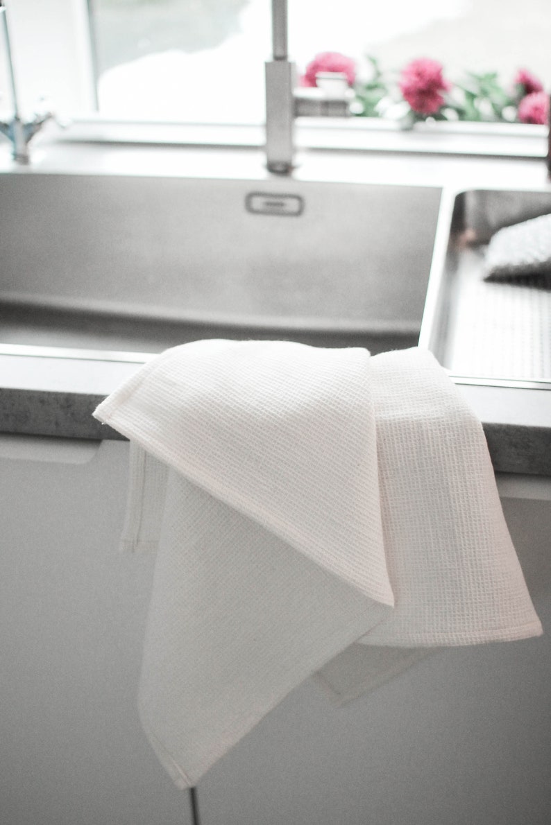 Linen Tea towel, Washed small waffle linen kitchen towel, Well absorbing moisture dish towel, 2 colors available White