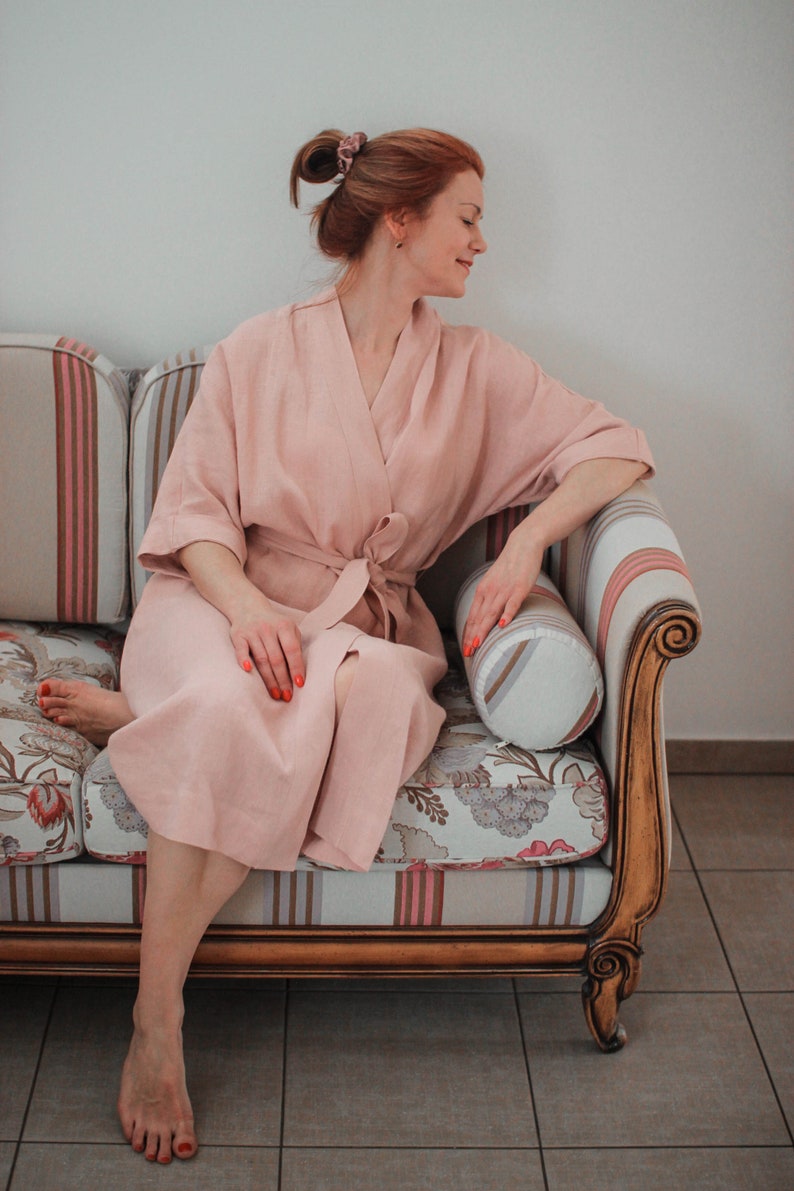 Linen kimono robe, Robe for bride, Linen spa gown, Linen Bath Robe, Long Robe, Rose imagem 1