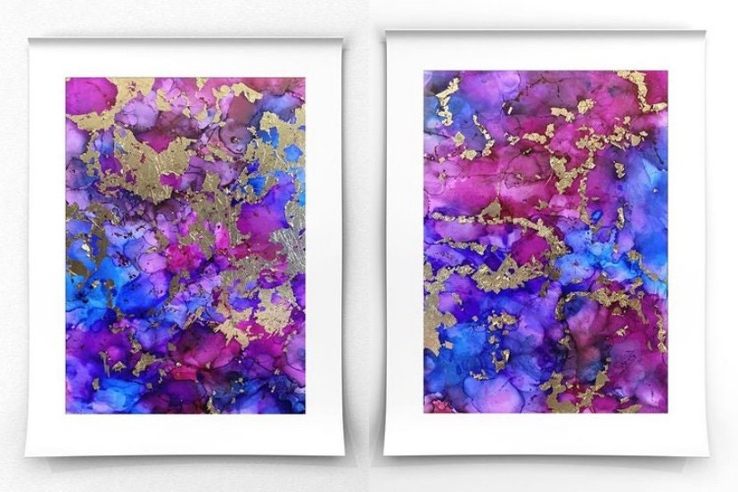 Pair of Abstract Alcohol Ink, Blue, Pink and Purple With Gold Foil ...