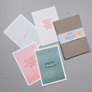 A6 Karte, 4er-Set mit Umschlag | Sprüche, Risography, eco-friendly, vegan, plant-based ink