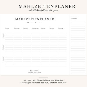 Könnte beinhalten: Ein schwarz-weißer druckbarer Essensplaner mit Einkaufsliste. Der Planer ist für eine Woche ausgelegt und beinhaltet Platz für Frühstück, Mittagessen und Abendessen. Der Text auf dem Planer lautet "MAHLZEITENPLANER" und "A4, quer mit Einkaufsliste zum Abreißen. Sofortiger Download als PDF. Instant Download".