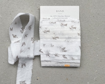 Gift ribbon 3.5 beige with floral pattern, branches | torn edge, environmentally friendly