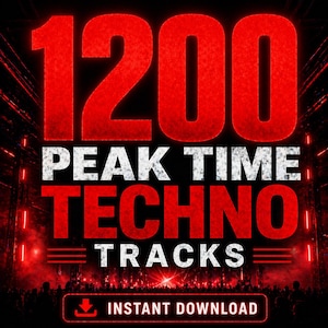 May include: A promotional graphic with the text "1200 PEAK TIME TECHNO TRACKS" in red and white. The words "INSTANT DOWNLOAD" are at the bottom. The background features a crowd and red stage lights.