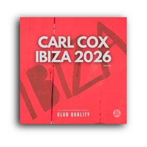 May include: A red square graphic with the text "CARL COX IBIZA 2026" in white. The words "CLUB QUALITY" and "DJ CRATES" are also visible. The background has a faded design.