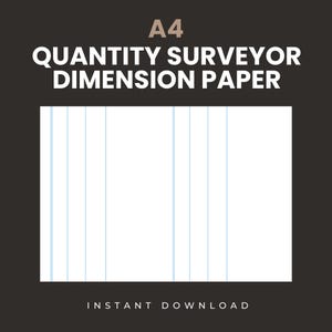 Puede incluir: Papel de dimensiones para topógrafo A4 con líneas verticales azul claro sobre fondo blanco. El texto "A4 QUANTITY SURVEYOR DIMENSION PAPER" está en la parte superior y "INSTANT DOWNLOAD" en la inferior, todo sobre un fondo gris oscuro.