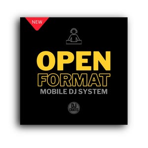 May include: Square black graphic with yellow text that reads "OPEN FORMAT MOBILE DJ SYSTEM." A red "NEW" tag is in the upper left corner. The DJ Crates logo is in the lower right corner.