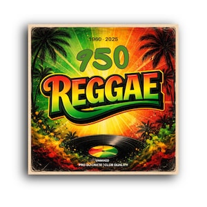 Op de afbeelding: Vierkante afbeelding met een reggae-thema. Het ontwerp toont een vinylplaat, palmbomen en het woord "Reggae" in grote, kleurrijke letters. De tekst "950" en de jaren "1960-2025" zijn ook zichtbaar.