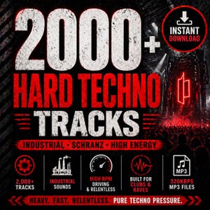 May include: A promotional graphic for a music compilation titled "2000+ Hard Techno Tracks." The design features bold white and red text on a black background. Icons highlight key features like industrial sounds, high BPM, and MP3 files.