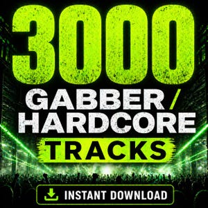 Puede incluir: Anuncio de producto digital con el texto "3000 GABBER/ HARDCORE TRACKS" en fuente grande, verde neón y desgastada. La palabra "TRACKS" está en un rectángulo verde neón. La parte inferior dice "DESCARGA INSTANTÁNEA" con un icono de descarga.