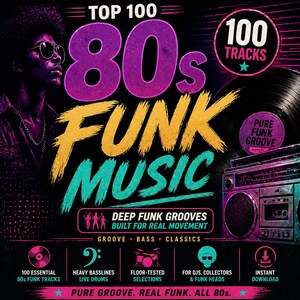 May include: A vibrant graphic promoting an 80s Funk Music compilation. The design includes a person in sunglasses, a vintage boombox, and a vinyl record. Text elements include "Top 100", "80s Funk Music", and "100 Tracks".