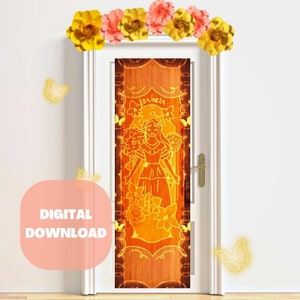 May include: A digital download of a door decoration featuring a golden silhouette of a girl with flowers and the name "Isabela" on a woodgrain background.