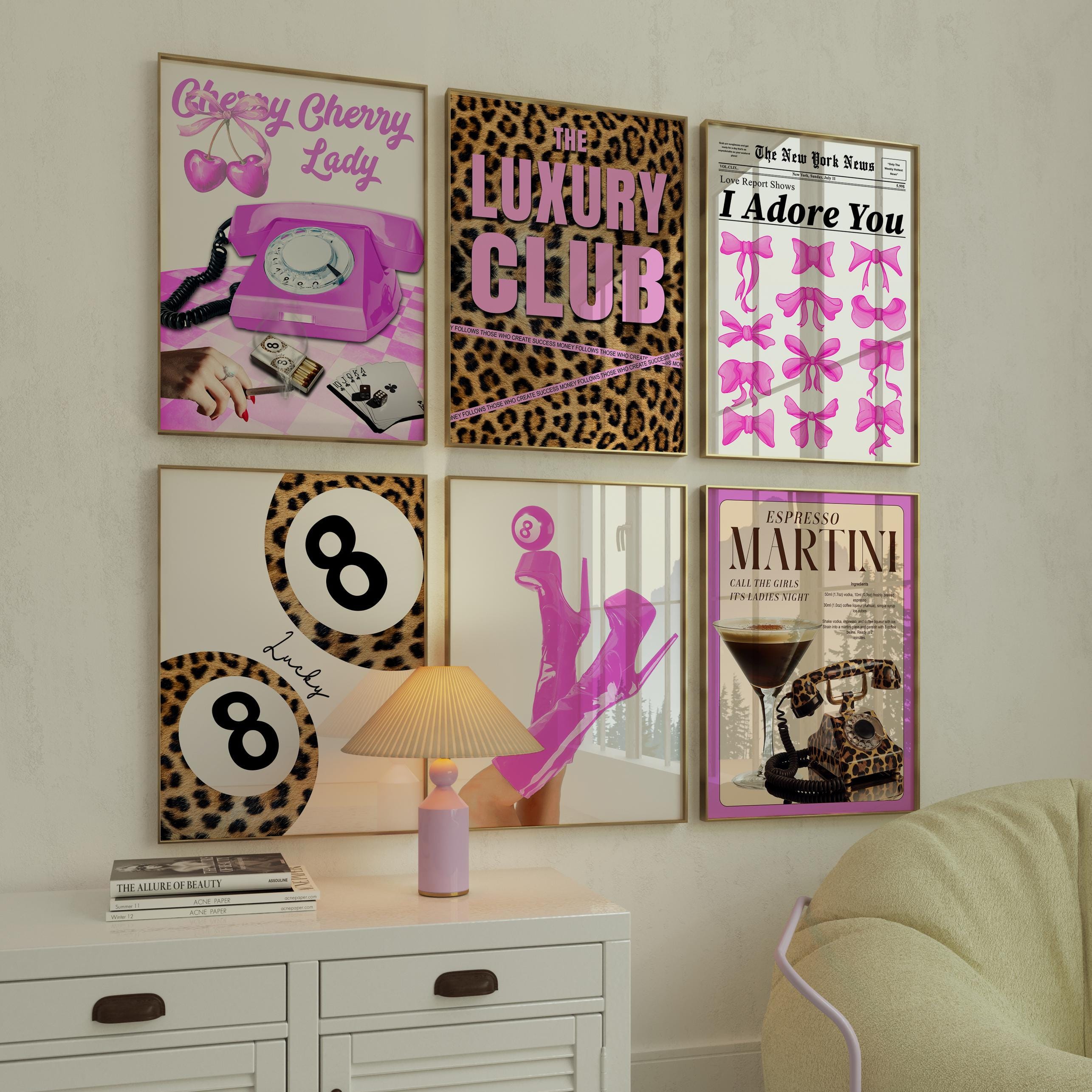 Trendy Pink Fashion Wall Art Set Of 6 Prints Gallery Girly Print Leopard Print Magazine Coquette Aesthetic Decor Lucky Poster Pink Funky Art