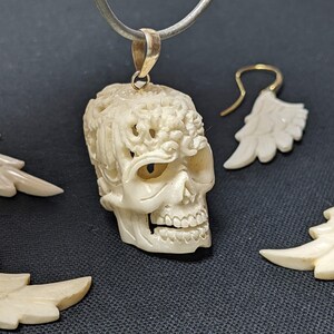 Skull Carving Small - Bone Hand Carved - Pendant, Ornament, Amulet, Rear View Mirror - Skeleton Head Halloween - Indonesia - SomaSeeker