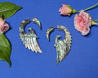 Hand-Carved Abalone Wing Earrings - Bird Feather - Indonesia - Fake Gauge Gauge Plug - SomaSeeker